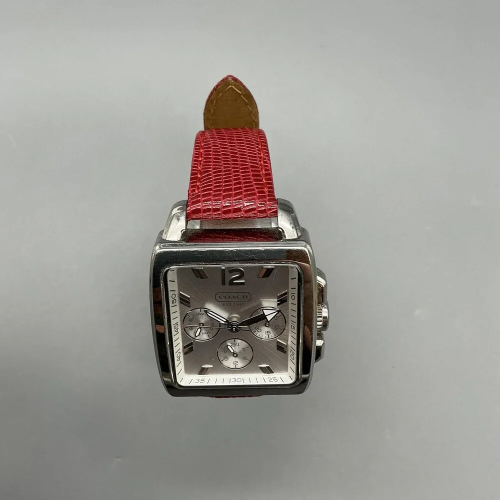 Coach Boyfriend Square Womens Watch 32mm Silver Dial Red Leather New Battery